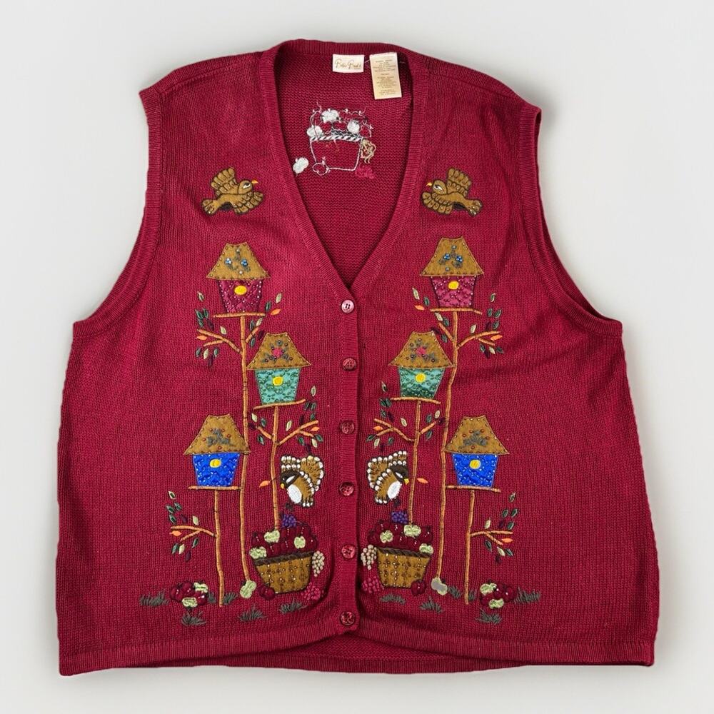 VTG Bobbie Brooks Plus Size Embroidered Knit Sweater Vest 28W Birds Teacher Fall